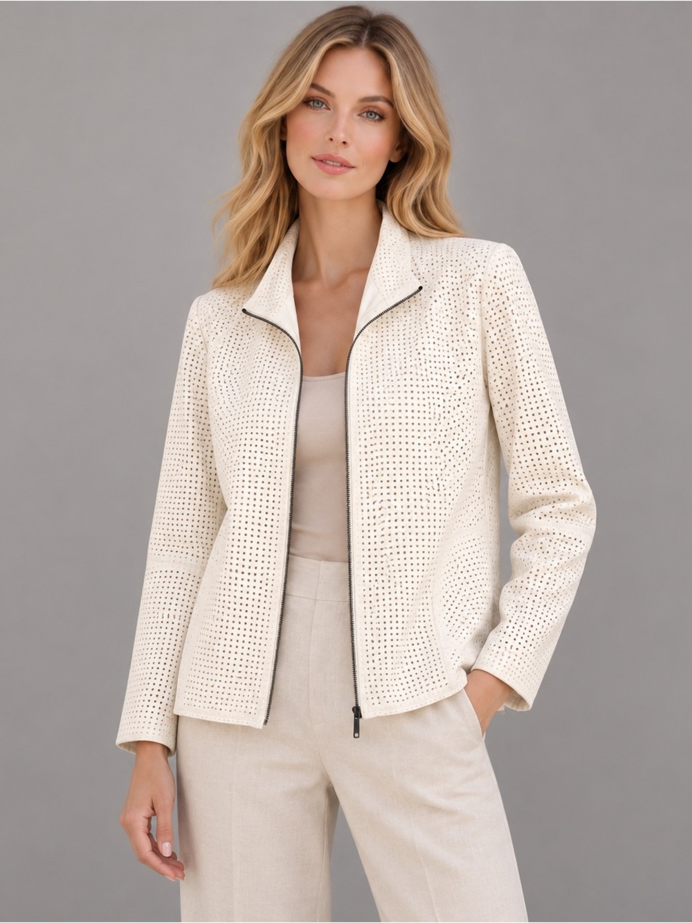 Maria Conejo Ivory Perforated Jacket Minimalist Lightweight Luxe Layer Size 8